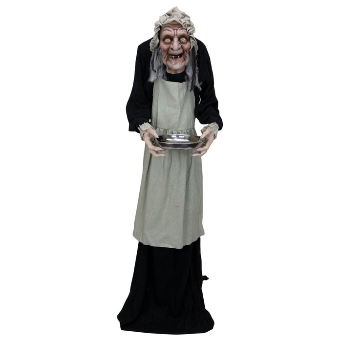 5ft 7in Tall Halloween Animated Creepy Old Lady Animatronic, Touch and Sound Activated, Built-in Lights, and Spooky Sound FX