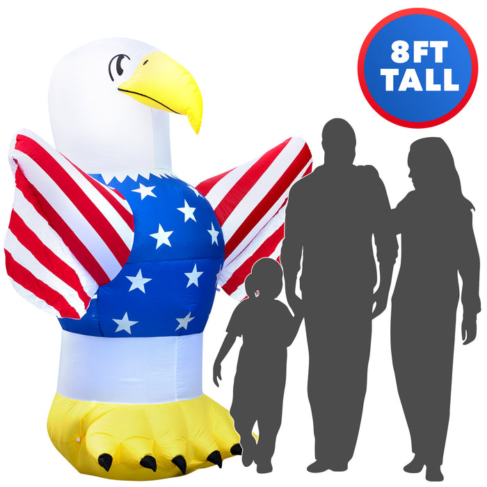8ft Tall 4th of July American Flag Bald Eagle Lawn Inflatable, Bright Lights, Built-in Fan, and Included Stakes and Ropes