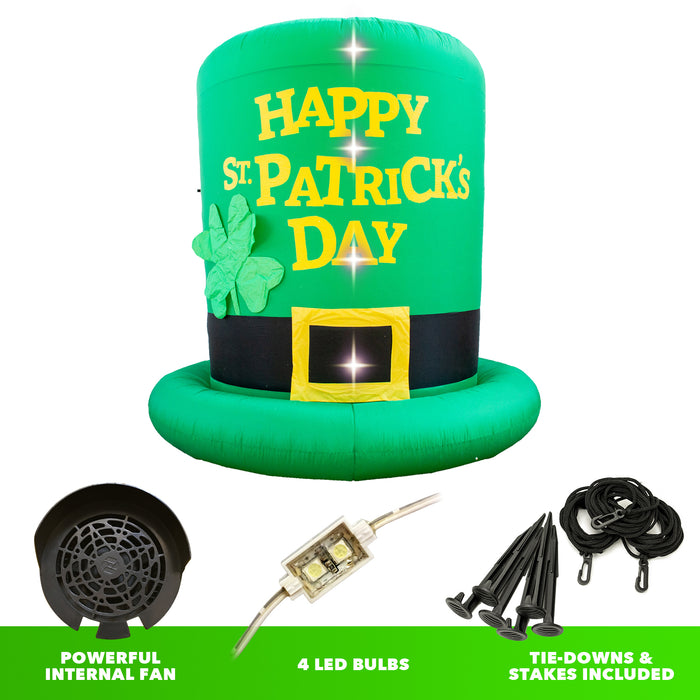 6ft Tall St. Patrick's Day Leprachaun Top Hat Lawn Inflatable, Bright Lights, Built-in Fan, and Included Stakes and Ropes