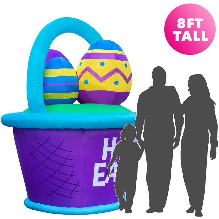 8ft Tall Easter Egg Basket Lawn Inflatable, Bright Lights, Built-in Fan, and Included Stakes and Ropes