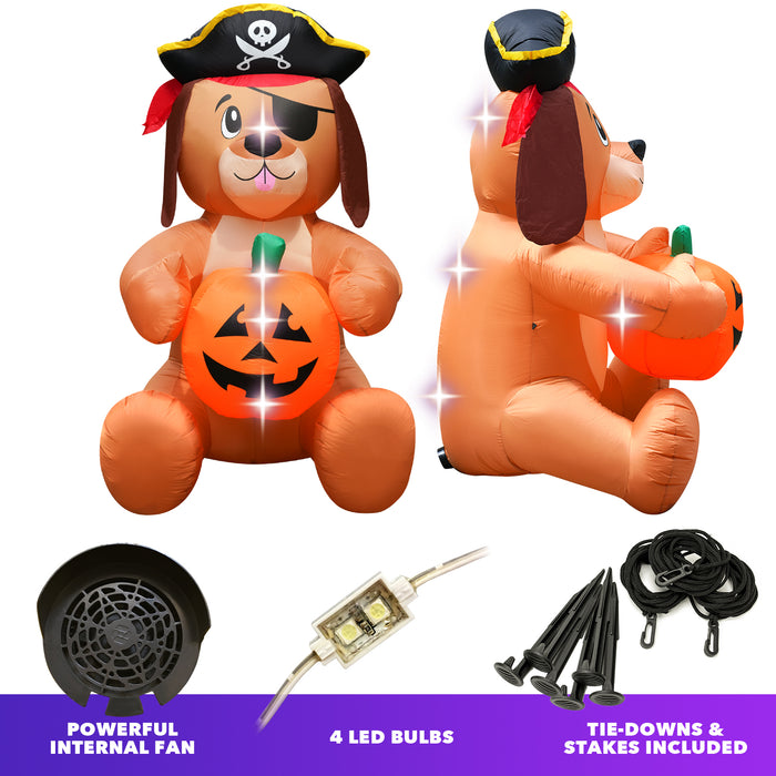 5ft Tall Halloween Trick or Treat Pirate Dog Lawn Inflatable, Bright Lights, Built-in Fan, and Included Stakes and Ropes