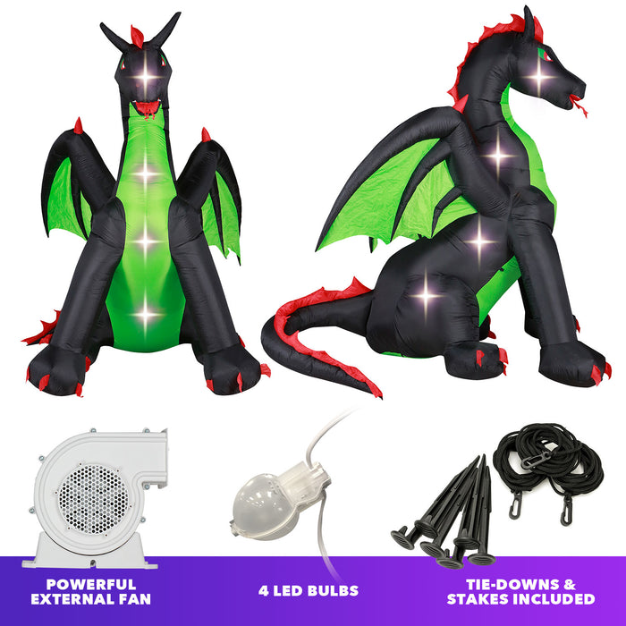 9ft Tall Halloween Black and Green Dragon Lawn Inflatable, Bright Lights, Built-in Fan, and Included Stakes and Ropes
