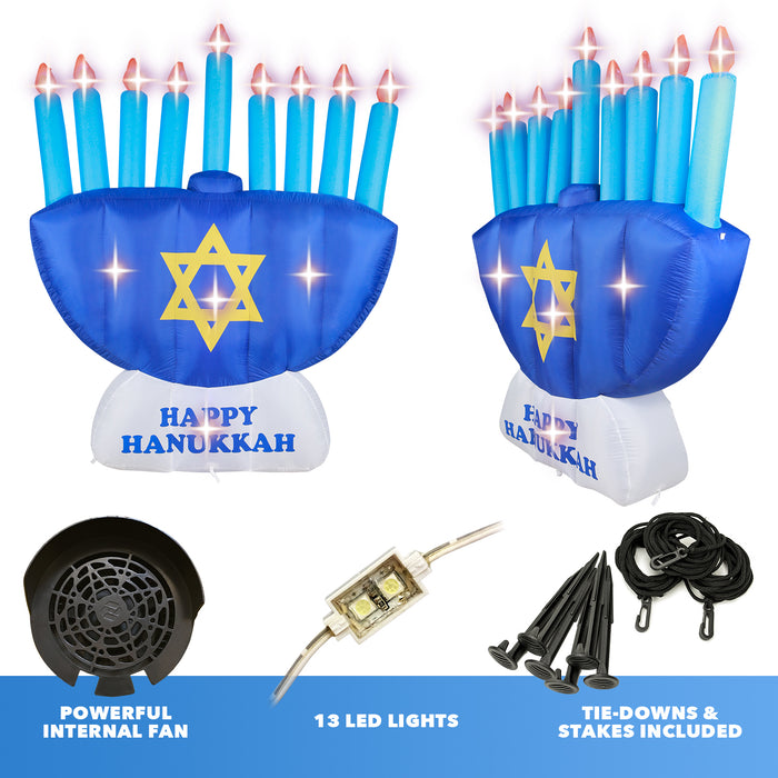 8ft Tall Hanukkah Menorah Lawn Inflatable, Bright Lights, Built-in Fan, and Included Stakes and Ropes