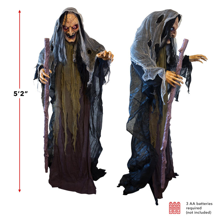 5ft 2in Tall Halloween Animated Lunging Witch Animatronic, Touch and Sound Activated, Built-in Lights, and Spooky Sound FX