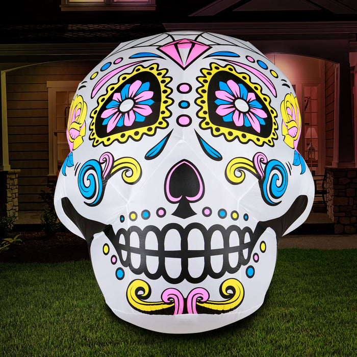 6ft Tall Halloween Sugar Skull Lawn Inflatable, Bright Lights, Built-in Fan, and Included Stakes and Ropes