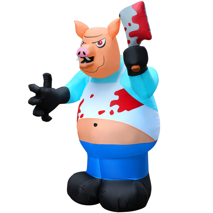 8ft Tall Halloween Butcher Pig Lawn Inflatable, Bright Lights, Built-in Fan, and Included Stakes and Ropes