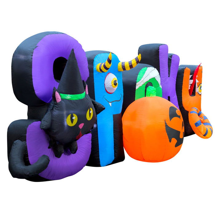 9ft Long Halloween "Spooky" Sign Lawn Inflatable, Bright Lights, Built-in Fan, and Included Stakes and Ropes