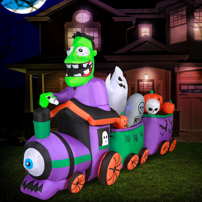 10ft Tall Halloween Graveyard Train Lawn Inflatable, Bright Lights, Built-in Fan, and Included Stakes and Ropes