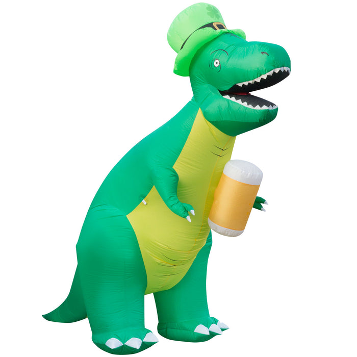 8ft Tall St. Patrick's Day Leprachaun T-rex with Beer Lawn Inflatable, Bright Lights, Built-in Fan, and Included Stakes and Ropes