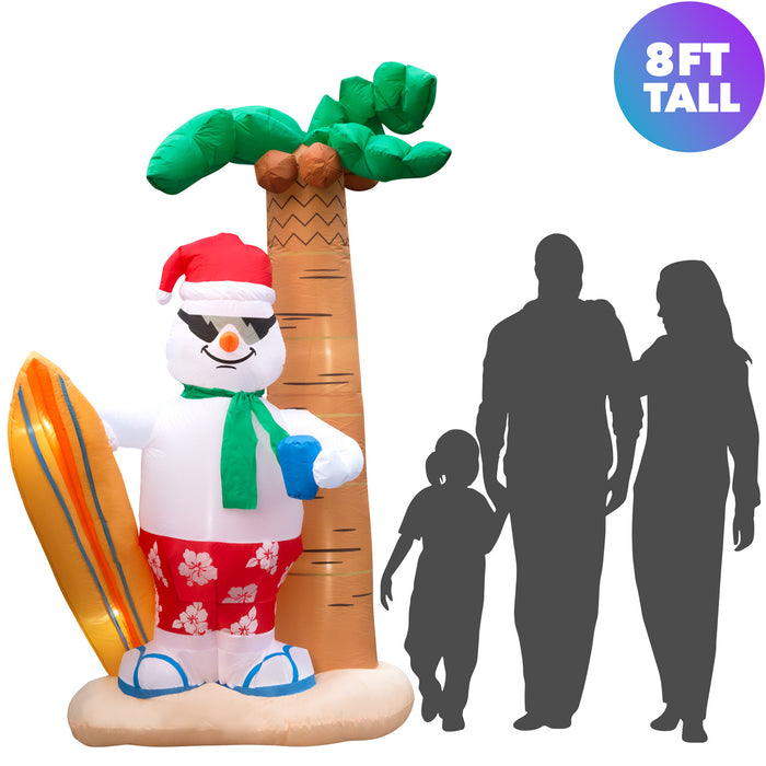 8ft Tall Christmas Surfing Snowman Lawn Inflatable, Bright Lights, Built-in Fan, and Included Stakes and Ropes