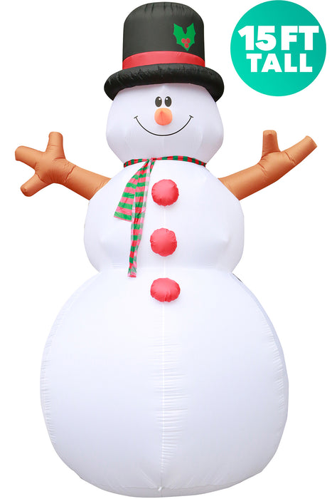 15ft Tall Christmas Giant Snowman Lawn Inflatable, Bright Lights, Built-in Fan, and Included Stakes and Ropes