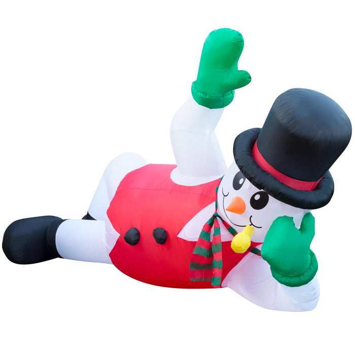 10ft Long Christmas Lounging Snowman Lawn Inflatable, Bright Lights, Built-in Fan, and Included Stakes and Ropes
