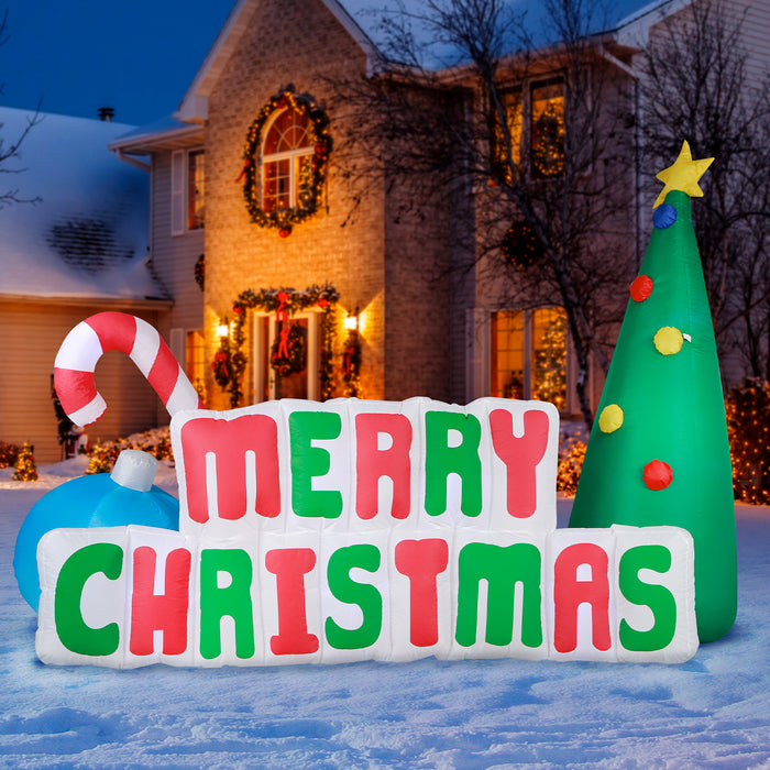 8ft Long Christmas "Merry Christmas" Sign Lawn Inflatable, Bright Lights, Built-in Fan, and Included Stakes and Ropes