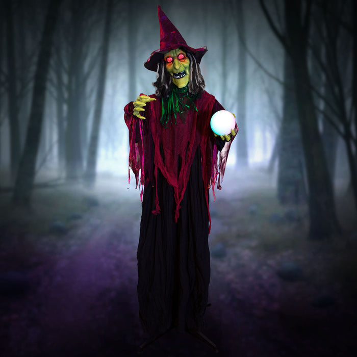 5ft 5in Tall Halloween Animated Fortune Telling Witch Animatronic, Touch and Sound Activated, Built-in Lights, and Spooky Sound FX
