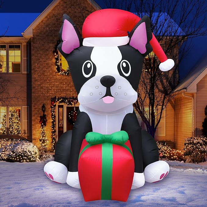 Large 5ft Tall Boston Terrier Dog with Gift Inflatable Outdoor Christmas Decoration