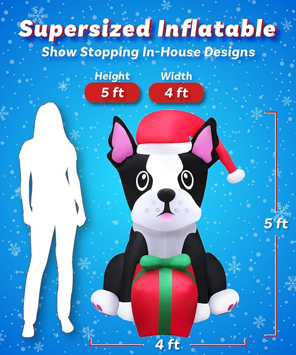 Large 5ft Tall Boston Terrier Dog with Gift Inflatable Outdoor Christmas Decoration