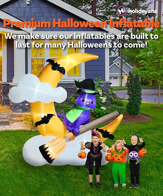 7ft Cat on a Broom in The Moon Halloween Inflatable