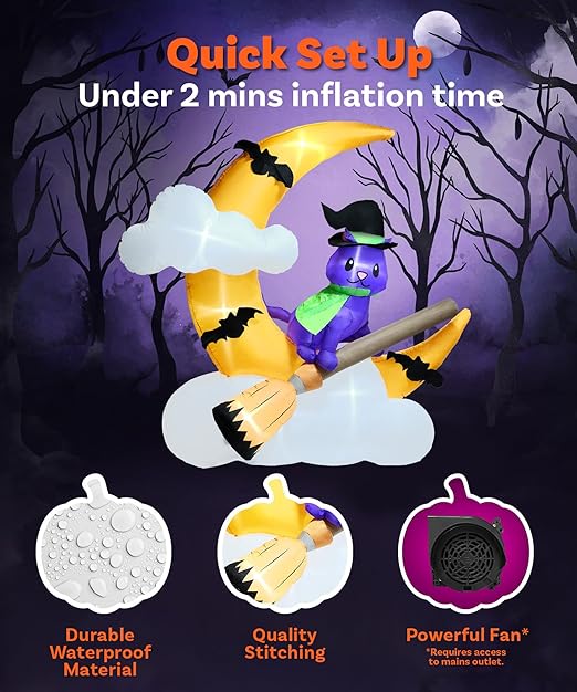 7ft Cat on a Broom in The Moon Halloween Inflatable