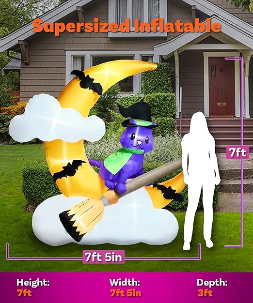 7ft Cat on a Broom in The Moon Halloween Inflatable