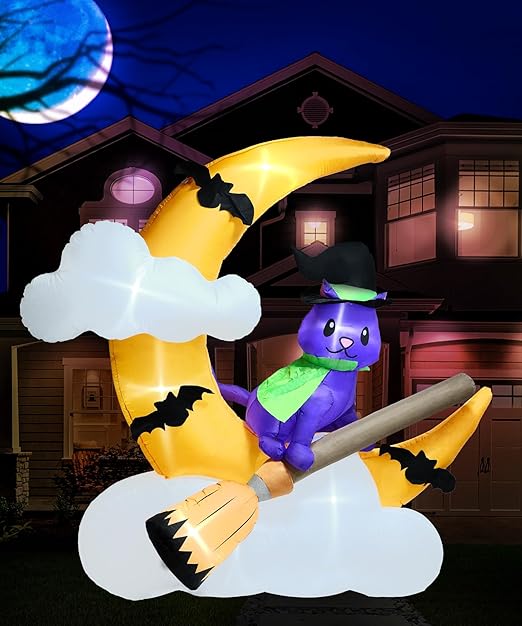 7ft Cat on a Broom in The Moon Halloween Inflatable