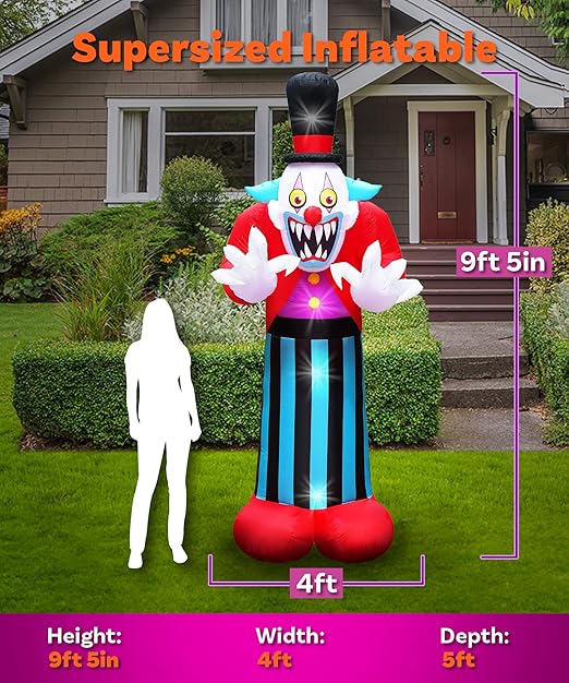 9.5ft Tall Halloween Towering Clown Lawn Inflatable, Bright Lights, Built-in Fan, and Included Stakes and Ropes