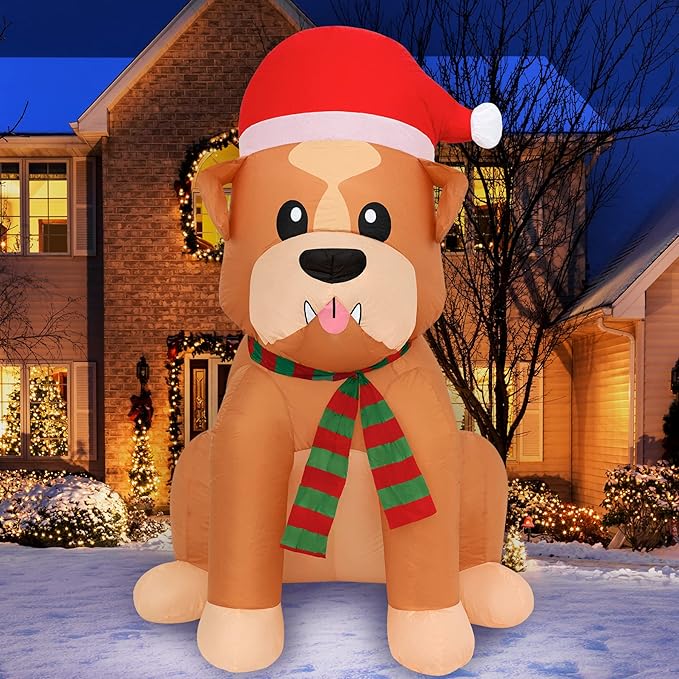 5 ft Santa Hat Bulldog - Inflatable Outdoor Christmas Decoration