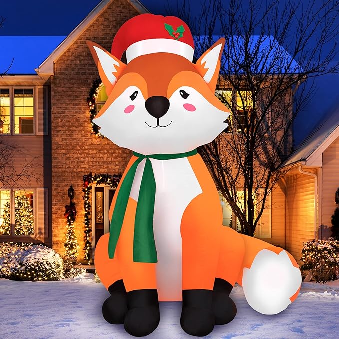 Large 6 ft Santa Hat Fox - Inflatable Outdoor Christmas Decoration