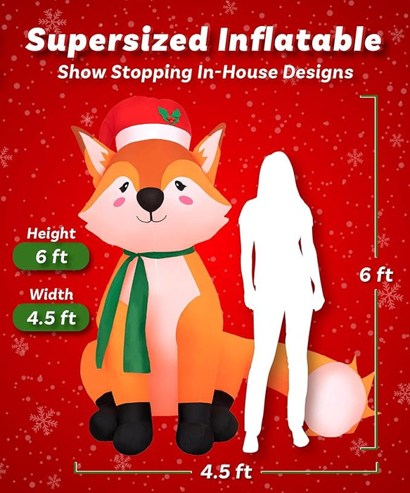 Large 6 ft Santa Hat Fox - Inflatable Outdoor Christmas Decoration