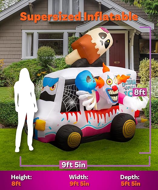 8ft Tall Creepy Clown Ice Cream Truck Halloween Inflatable