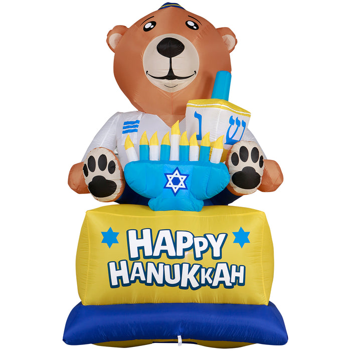 8ft Tall Hanukkah Bear Lawn Inflatable, Bright Lights, Built-in Fan, and Included Stakes and Ropes
