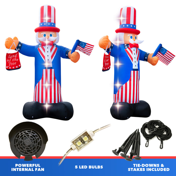10ft Tall 4th of July Uncle Sam Lawn Inflatable, Bright Lights, Built-in Fan, and Included Stakes and Ropes