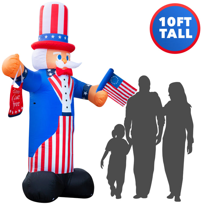 10ft Tall 4th of July Uncle Sam Lawn Inflatable, Bright Lights, Built-in Fan, and Included Stakes and Ropes