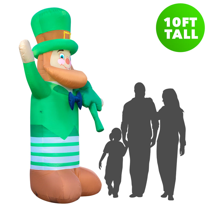10ft Tall St. Patrick's Day Leprachaun with Shamrock Lawn Inflatable, Bright Lights, Built-in Fan, and Included Stakes and Ropes