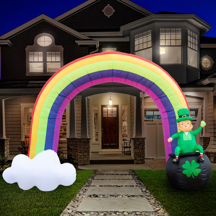 8ft Tall St. Patrick's Day Leprachaun Rainbow Pot of Gold Lawn Inflatable, Bright Lights, Built-in Fan, and Included Stakes and Ropes