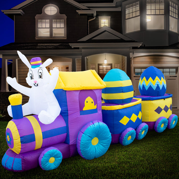 10ft Long Easter Bunny Train Lawn Inflatable, Bright Lights, Built-in Fan, and Included Stakes and Ropes