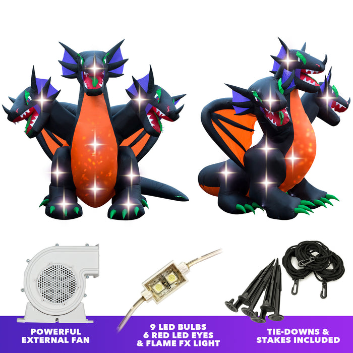 10ft Tall Halloween 3-Headed Dragon Lawn Inflatable, Bright Lights, Built-in Fan, and Included Stakes and Ropes