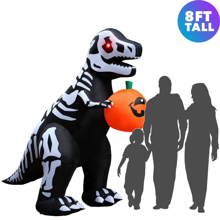8ft Tall Halloween Skeleton T-rex Lawn Inflatable, Bright Lights, Built-in Fan, and Included Stakes and Ropes
