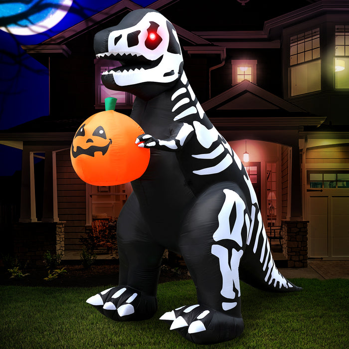 8ft Tall Halloween Skeleton T-rex Lawn Inflatable, Bright Lights, Built-in Fan, and Included Stakes and Ropes