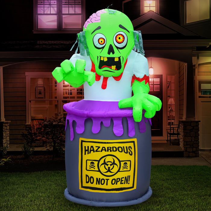 5ft Tall Halloween Zombie Barrel Lawn Inflatable, Bright Lights, Built-in Fan, and Included Stakes and Ropes