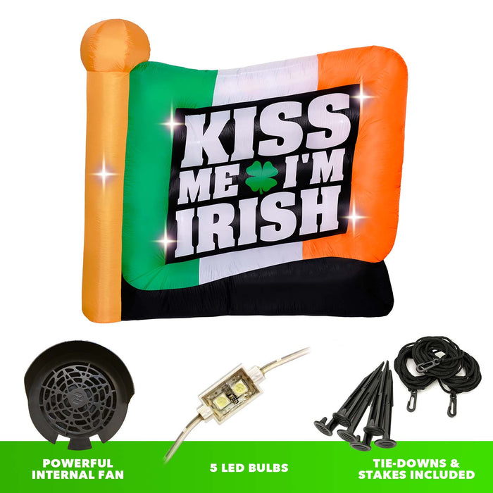 6ft Tall Saint Patrick's Day "Kiss Me I'm Irish" Flag Lawn Inflatable, Bright Lights, Built-in Fan, and Included Stakes and Ropes