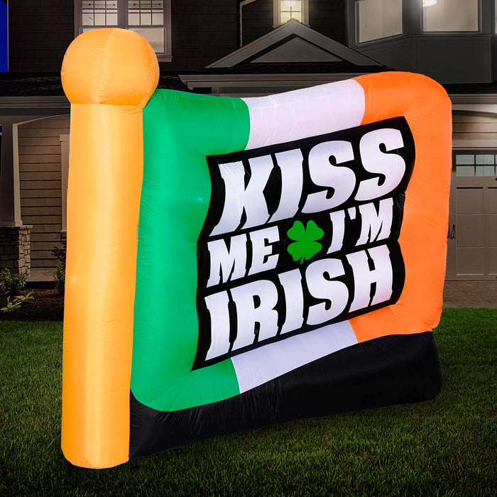 6ft Tall Saint Patrick's Day "Kiss Me I'm Irish" Flag Lawn Inflatable, Bright Lights, Built-in Fan, and Included Stakes and Ropes