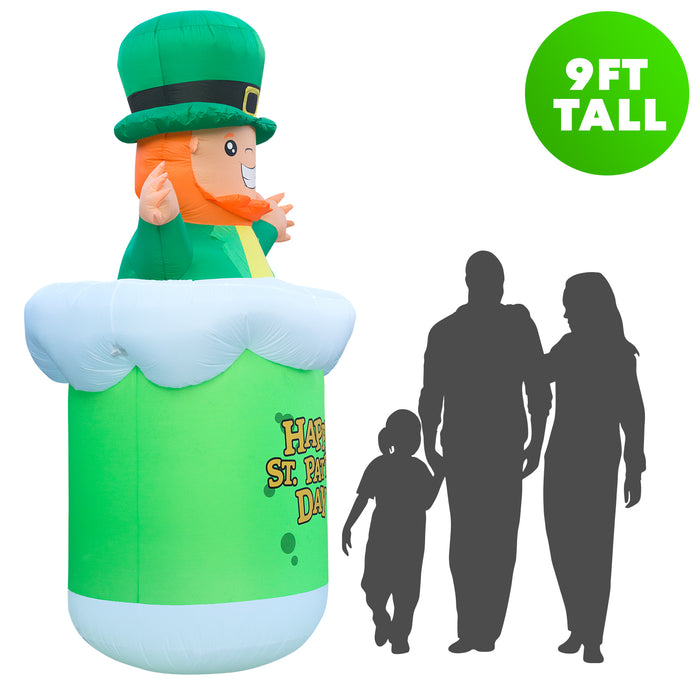 9ft Tall St. Patrick's Day Leprachaun in Beer Mug Lawn Inflatable, Bright Lights, Built-in Fan, and Included Stakes and Ropes