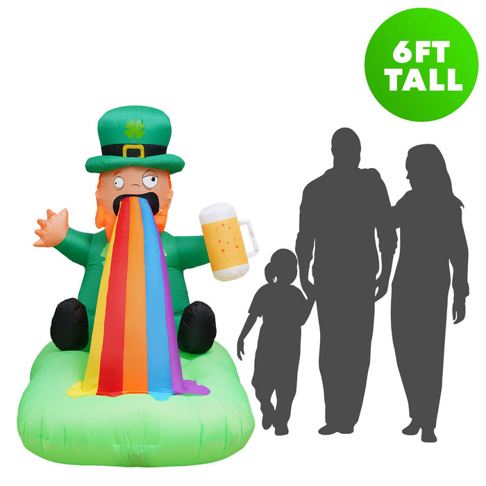 6ft Tall Saint Patrick's Day Puking Leprechaun Lawn Inflatable, Bright Lights, Built-in Fan, and Included Stakes and Ropes