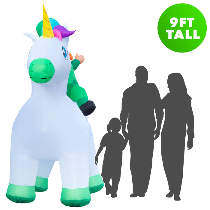 9ft Tall St. Patrick's Day Leprachaun Riding Unicorn Lawn Inflatable, Bright Lights, Built-in Fan, and Included Stakes and Ropes