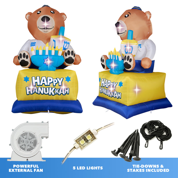 8ft Tall Hanukkah Bear Lawn Inflatable, Bright Lights, Built-in Fan, and Included Stakes and Ropes