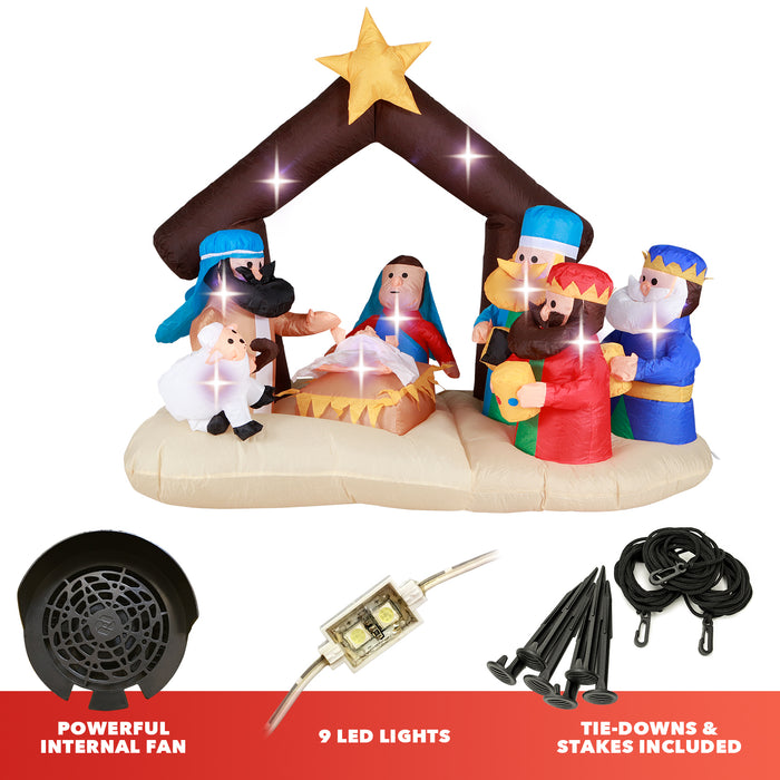 6ft 6in Wide Christmas Nativity Scene Lawn Inflatable, Bright Lights, Built-in Fan, and Included Stakes and Ropes