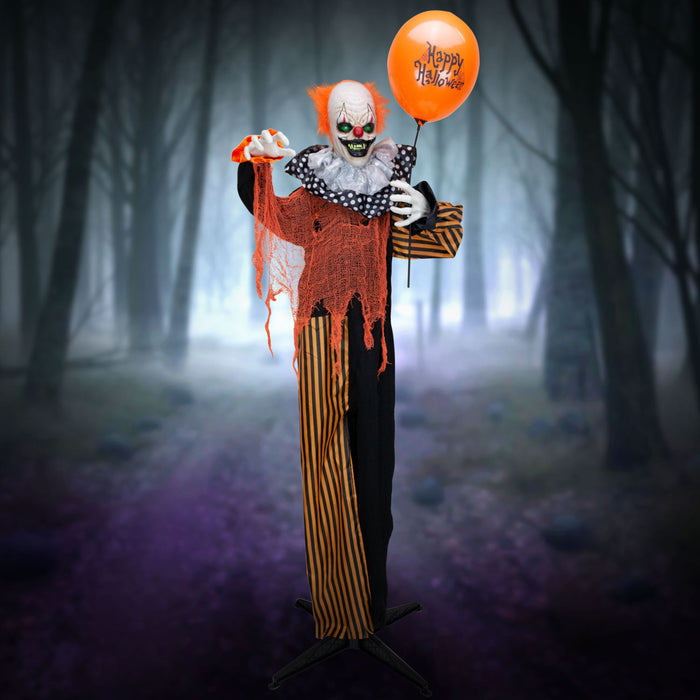 5ft 7in Tall Halloween Animated Clown with Balloon Animatronic, Touch and Sound Activated, Built-in Lights, and Spooky Sound FX