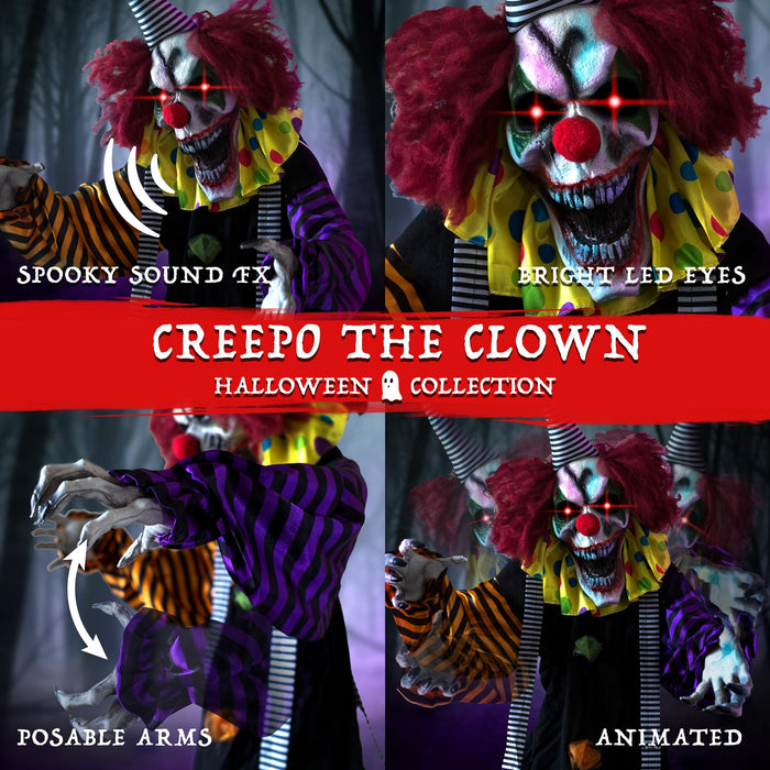 5ft 9in Tall Halloween Animated Evil Clown Animatronic, Touch and Motion Activated, Built-in Lights, and Spooky Sound FX