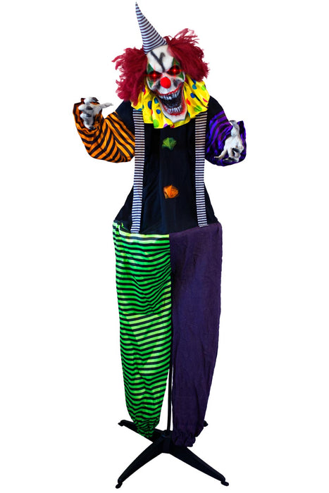 5ft 9in Tall Halloween Animated Evil Clown Animatronic, Touch and Motion Activated, Built-in Lights, and Spooky Sound FX