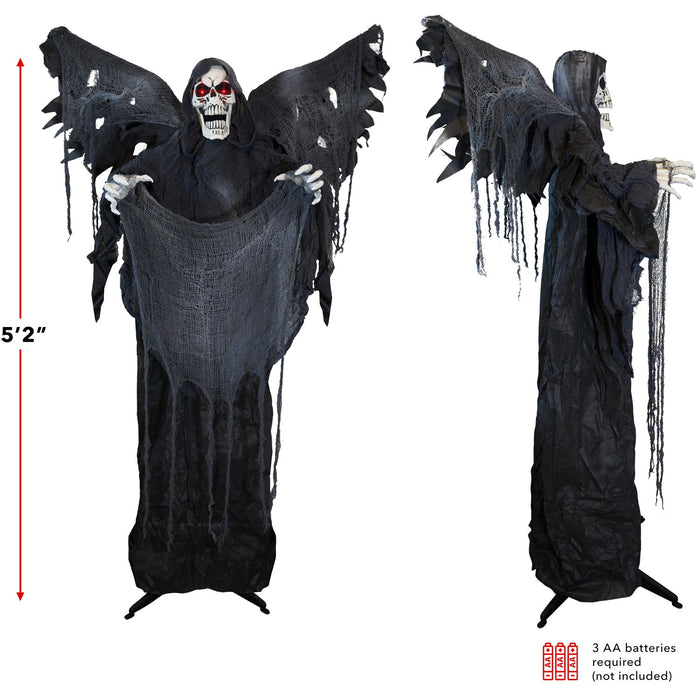 5ft 2in Tall Halloween Animated Winged Reaper Skeleton Animatronic, Touch and Sound Activated, Built-in Lights, and Spooky Sound FX